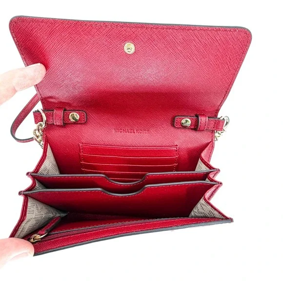 Michael Kors Jet Set Travel Saffiano Leather Crossbody Red - Gold Chain Strap EC - Picture 9 of 15